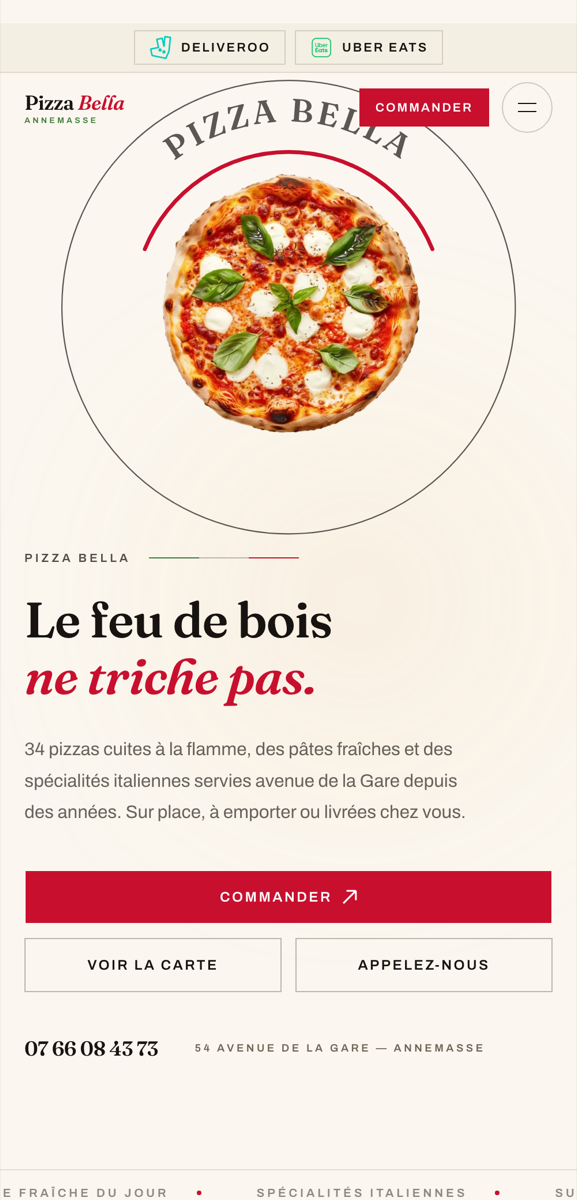Le site de Pizza Bella sur téléphone : pizzeria au feu de bois.
