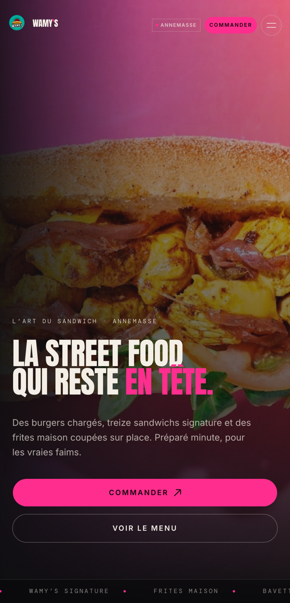 Le site de Wamy's sur téléphone : street food et commande en ligne.